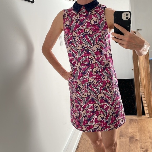 Club Monaco Floral Mini Dress Sleeveless Knit Crochet Collar Silk Pink 00 - Picture 7 of 13